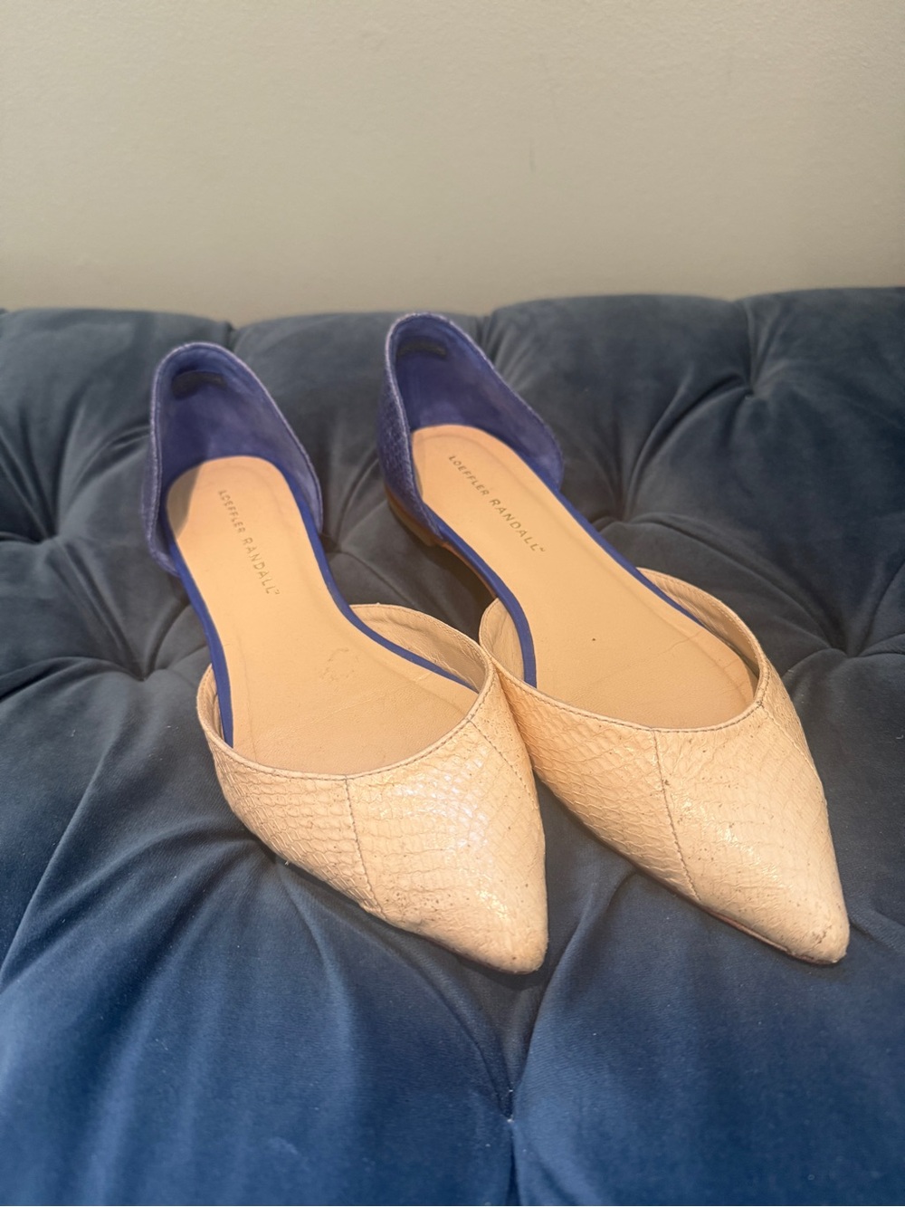 Loeffler Randall Beige Pointed D'Orsay Flats with Blue Trim